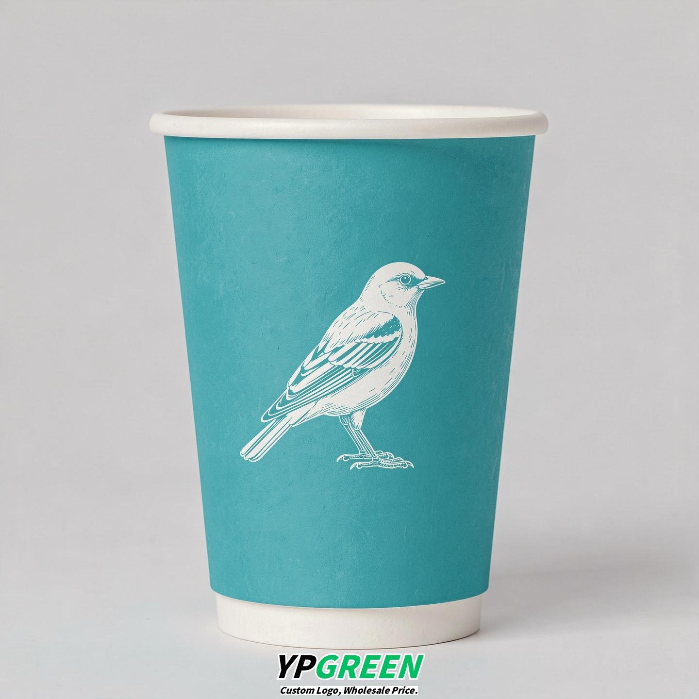 Turquoise Paper Cups with Bird Logo & Lids 8-24oz