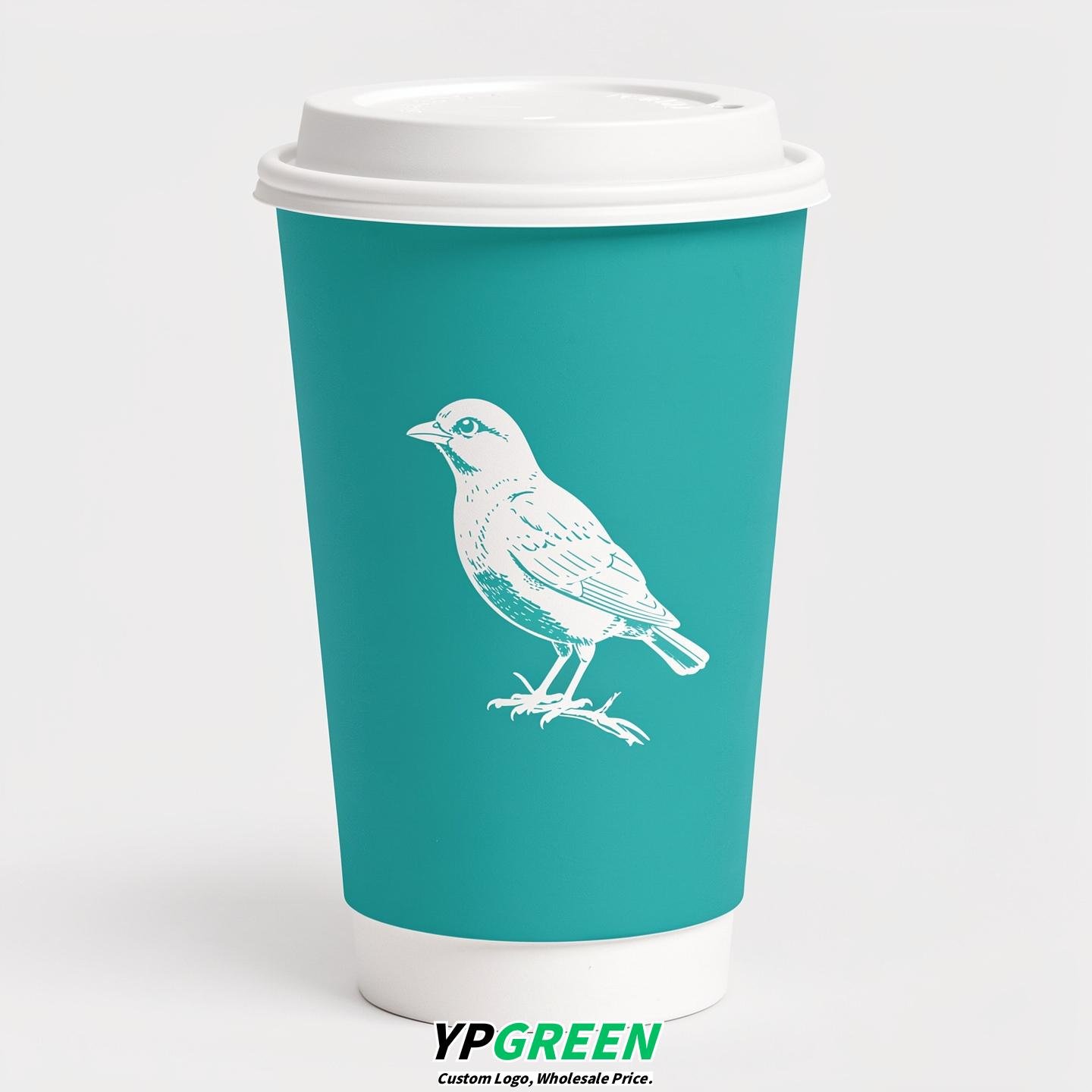 Turquoise Paper Cups with Bird Logo & Lids 8-24oz