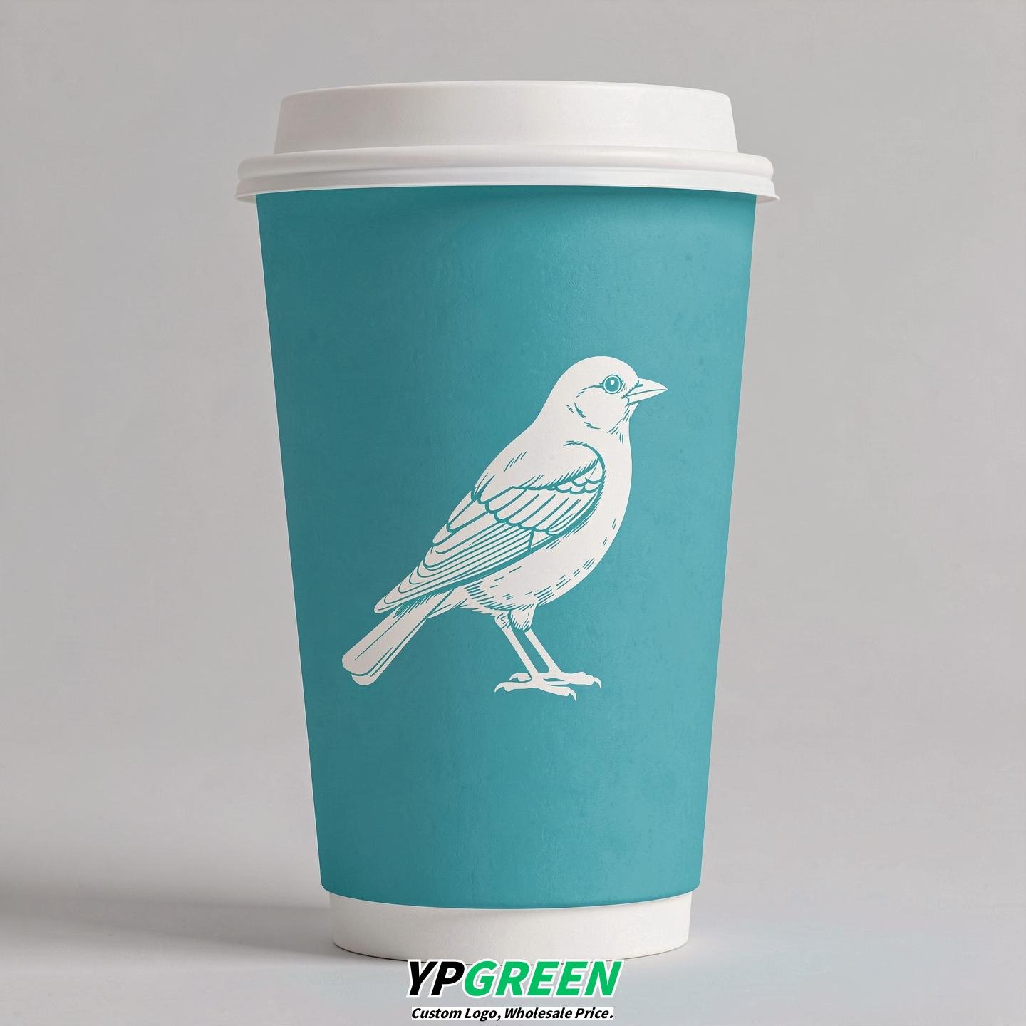 Turquoise Paper Cups with Bird Logo & Lids 8-24oz