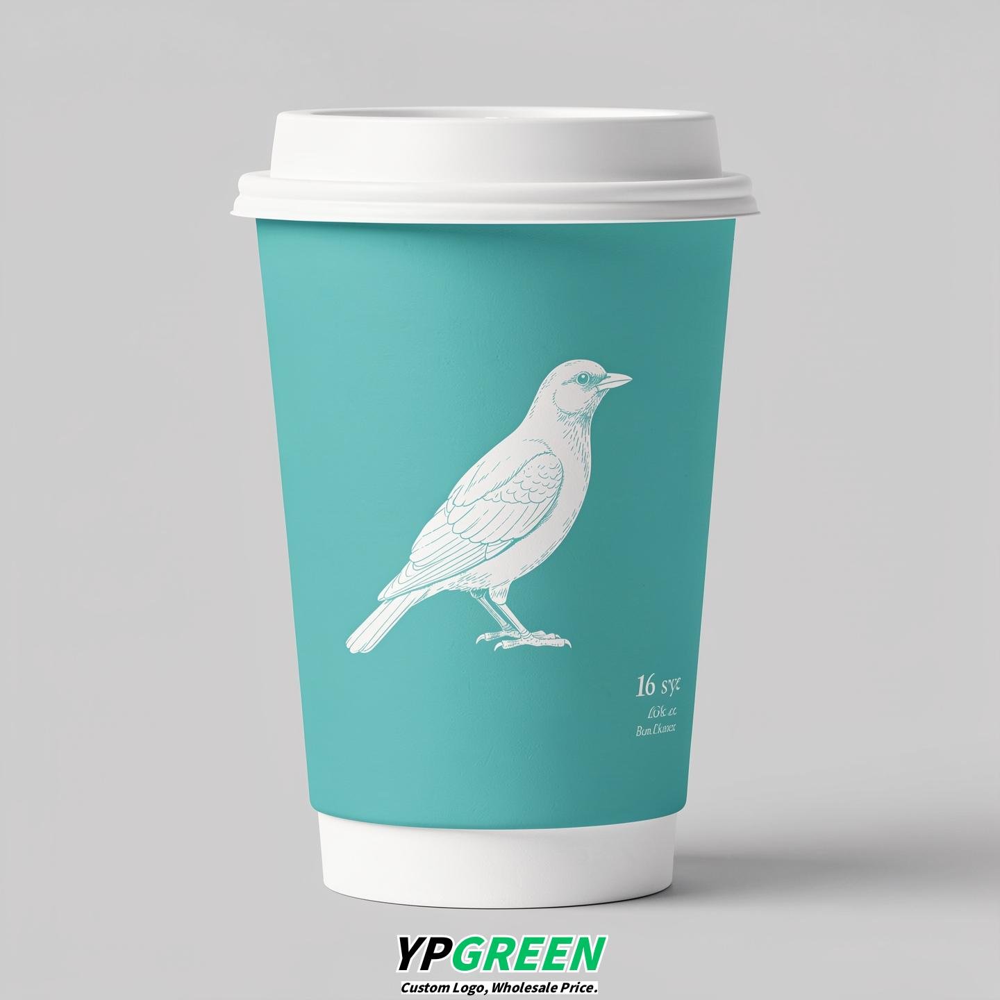 Turquoise Paper Cups with Bird Logo & Lids 8-24oz