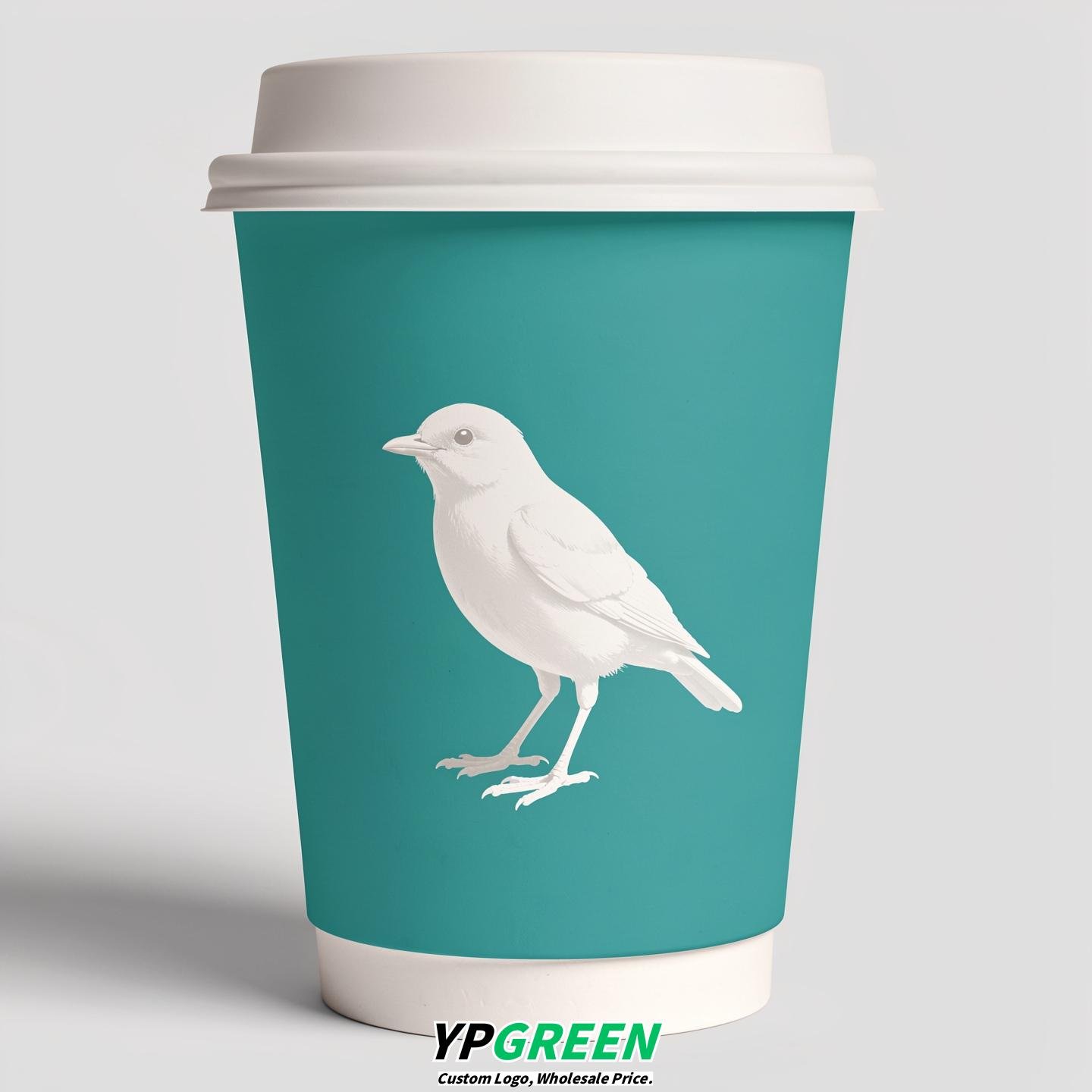 Turquoise Paper Cups with Bird Logo & Lids 8-24oz