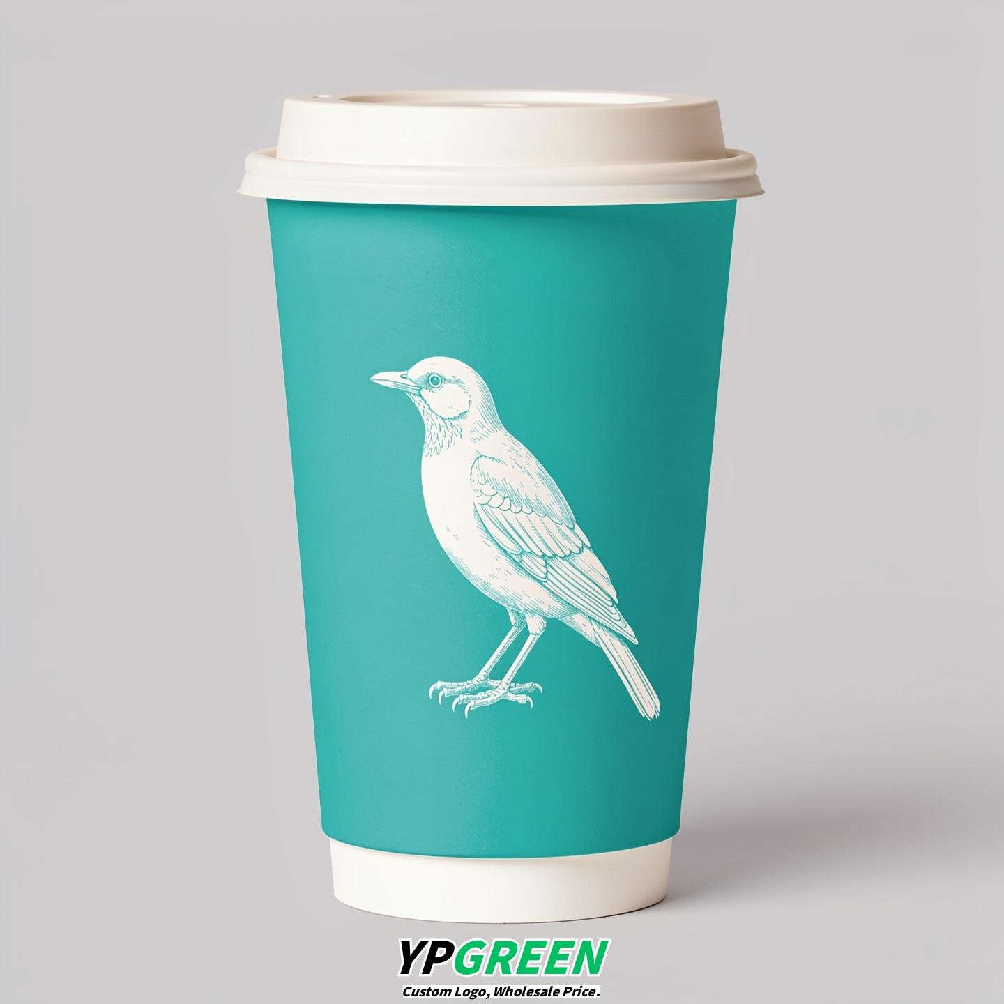 Turquoise Paper Cups with Bird Logo & Lids 8-24oz