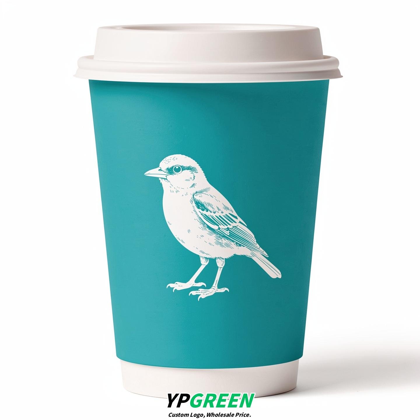 Turquoise Paper Cups with Bird Logo & Lids 8-24oz