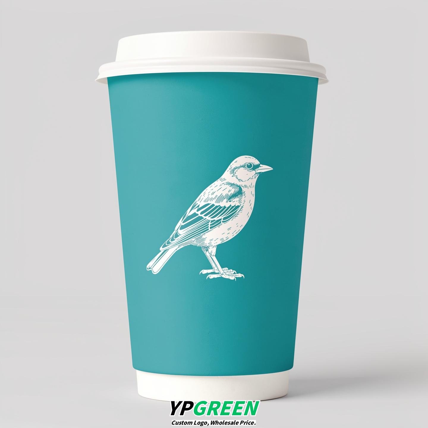 Turquoise Paper Cups with Bird Logo & Lids 8-24oz