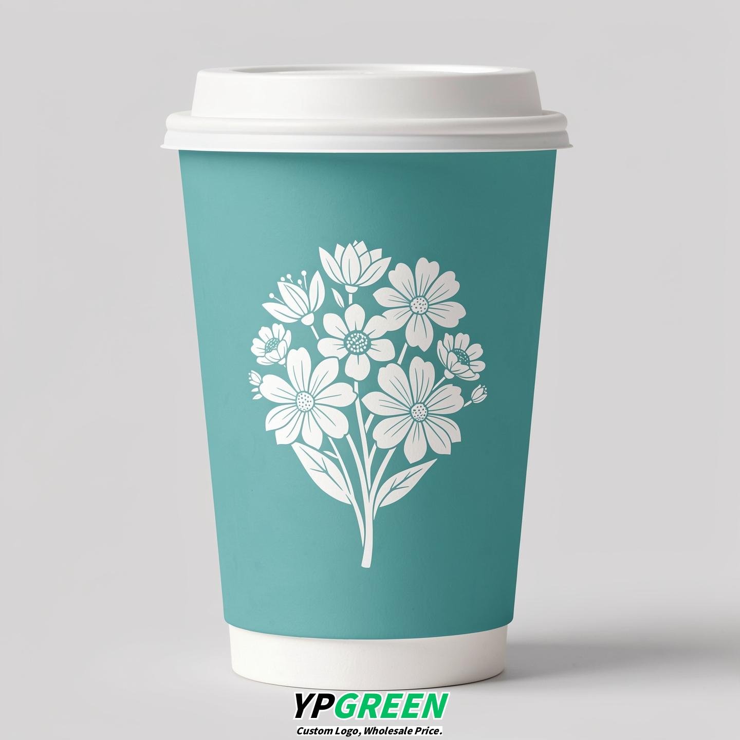 Turquoise Floral Paper Cups with Lids 8-24oz