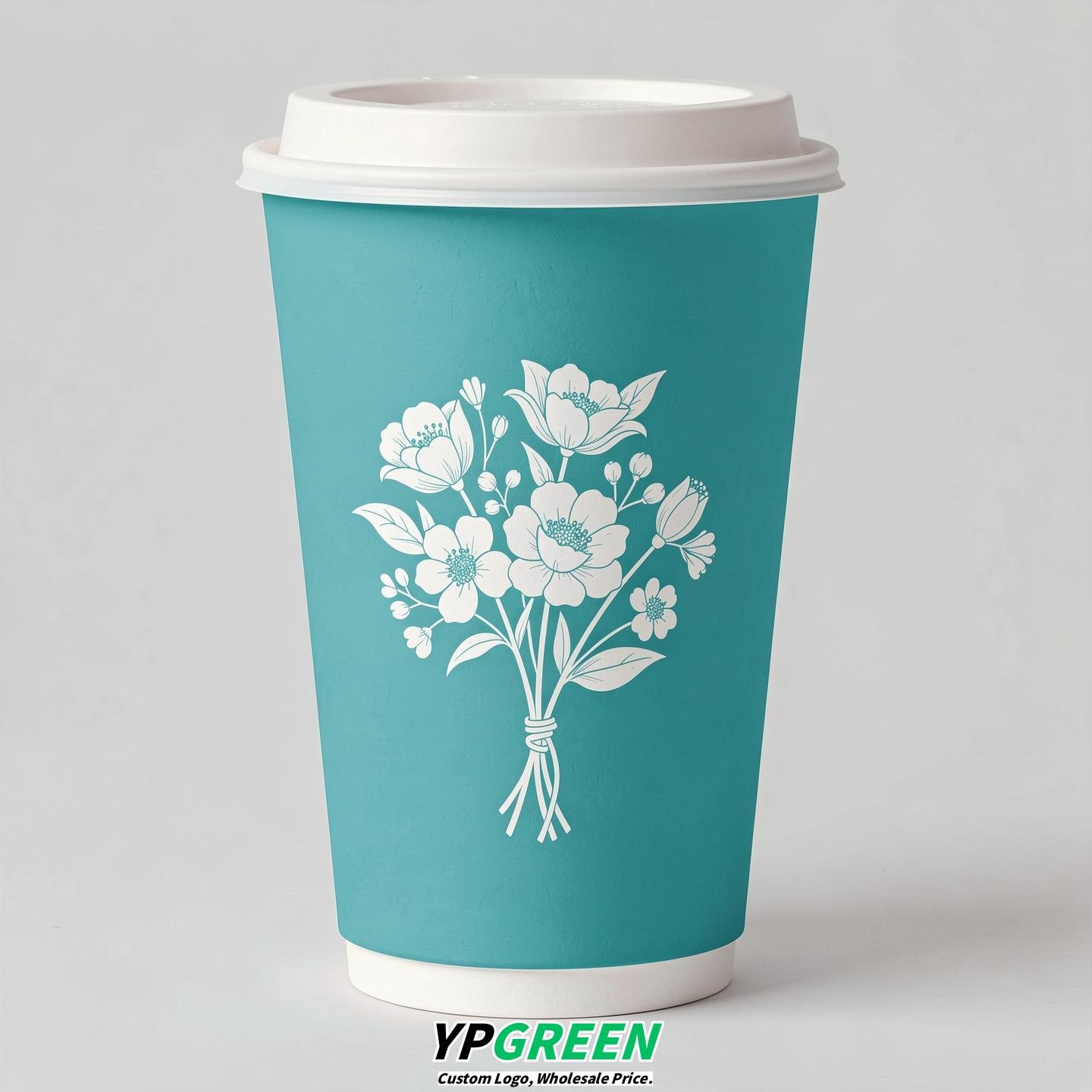 Turquoise Floral Paper Cups with Lids 8-24oz