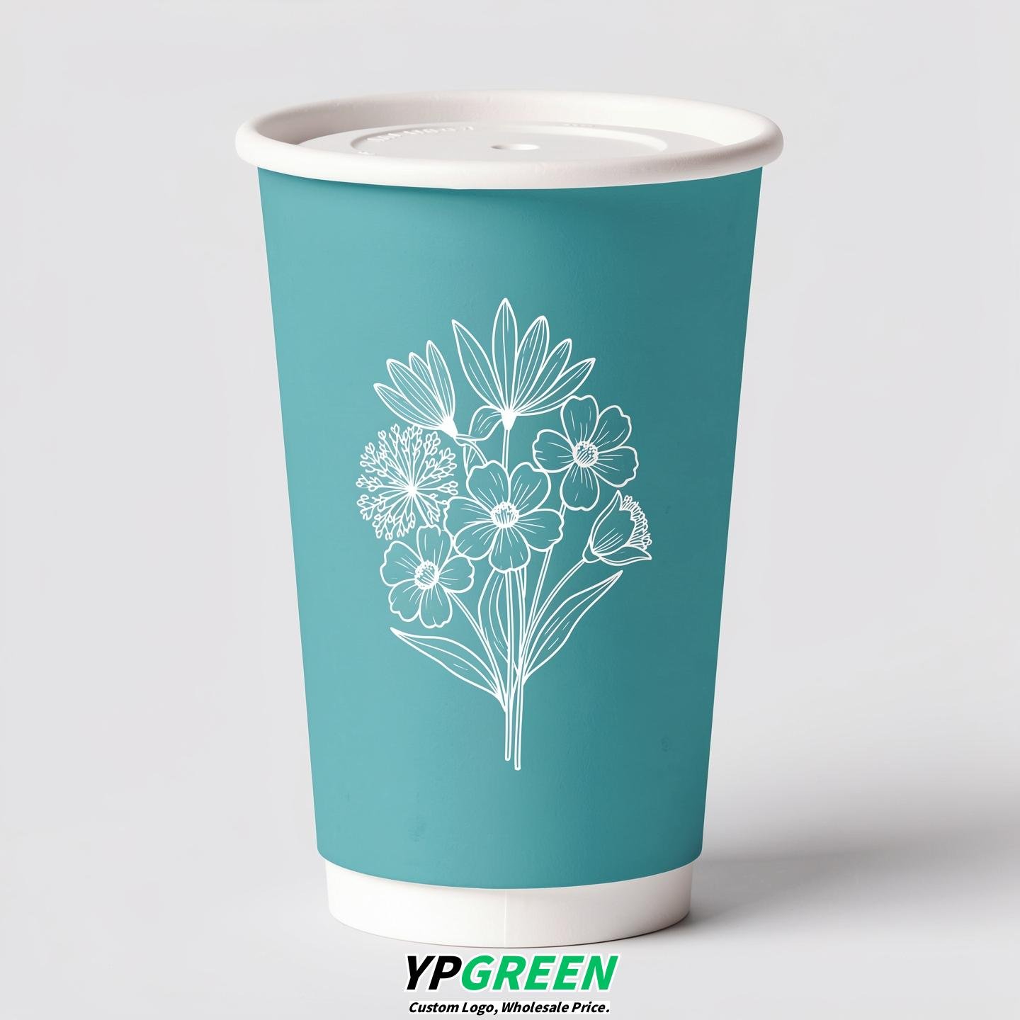 Turquoise Floral Paper Cups with Lids 8-24oz