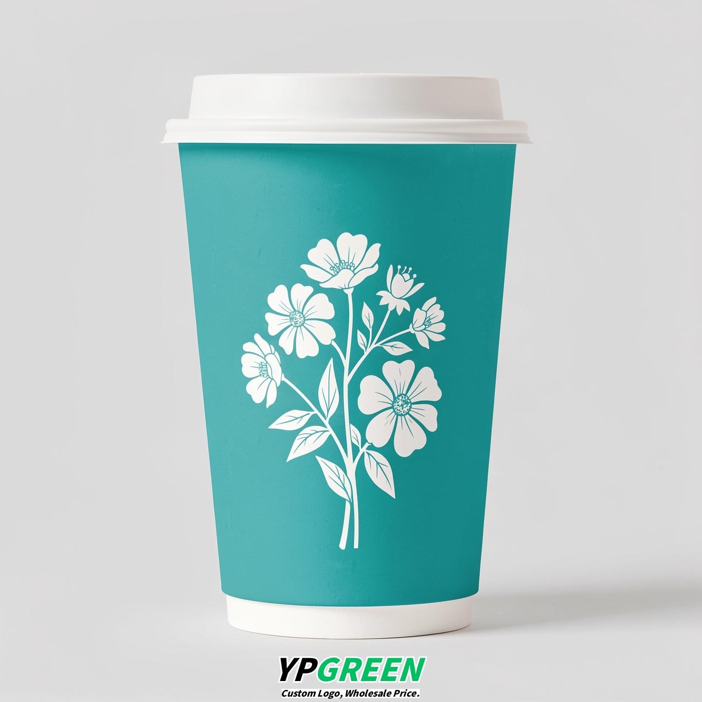 Turquoise Floral Paper Cups with Lids 8-24oz