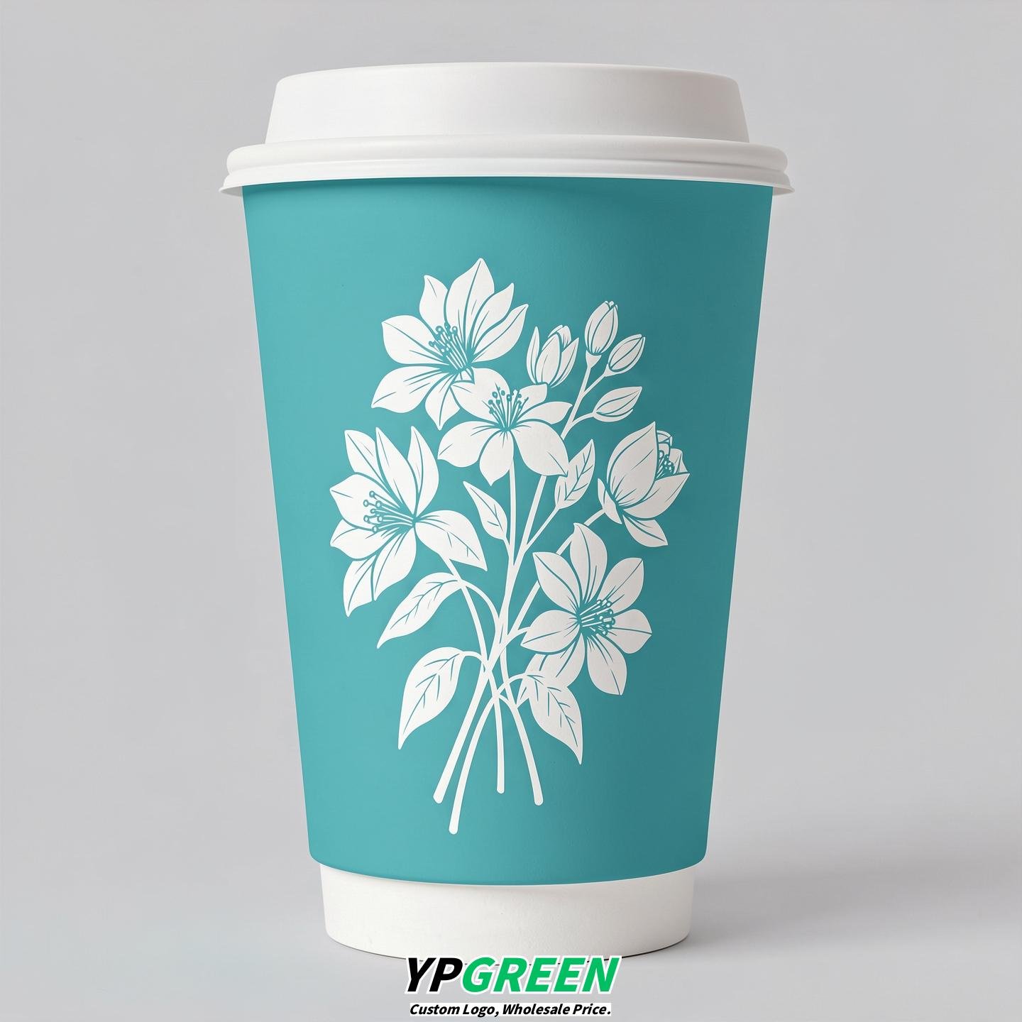 Turquoise Floral Paper Cups with Lids 8-24oz