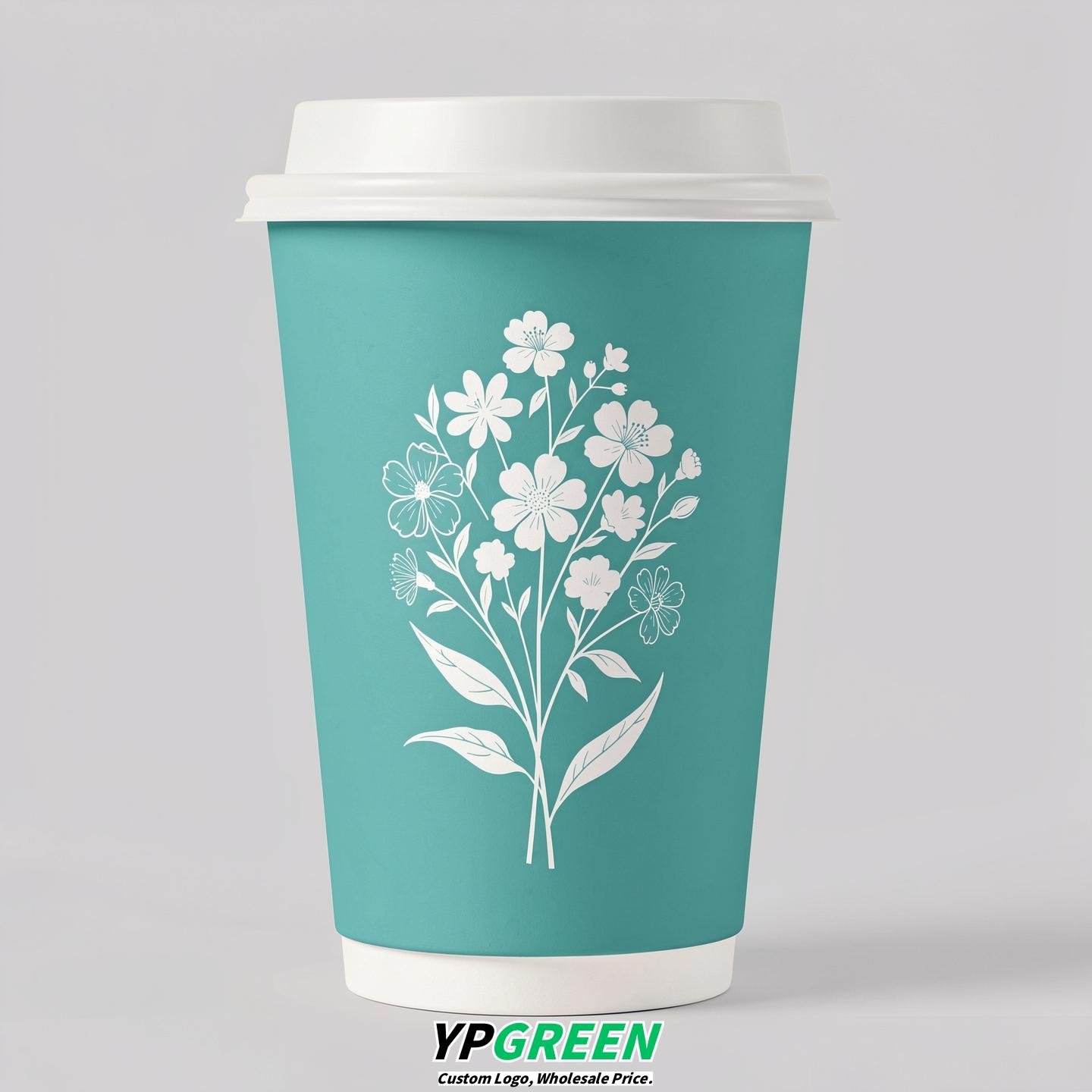 Turquoise Floral Paper Cups with Lids 8-24oz