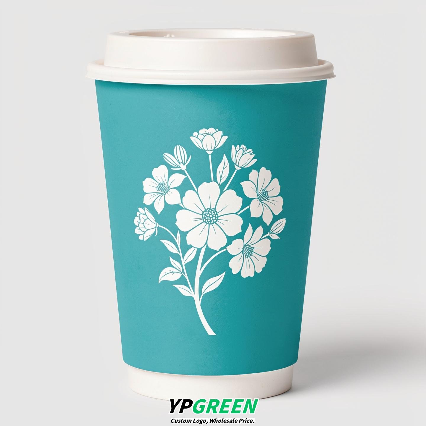 Turquoise Floral Paper Cups with Lids 8-24oz