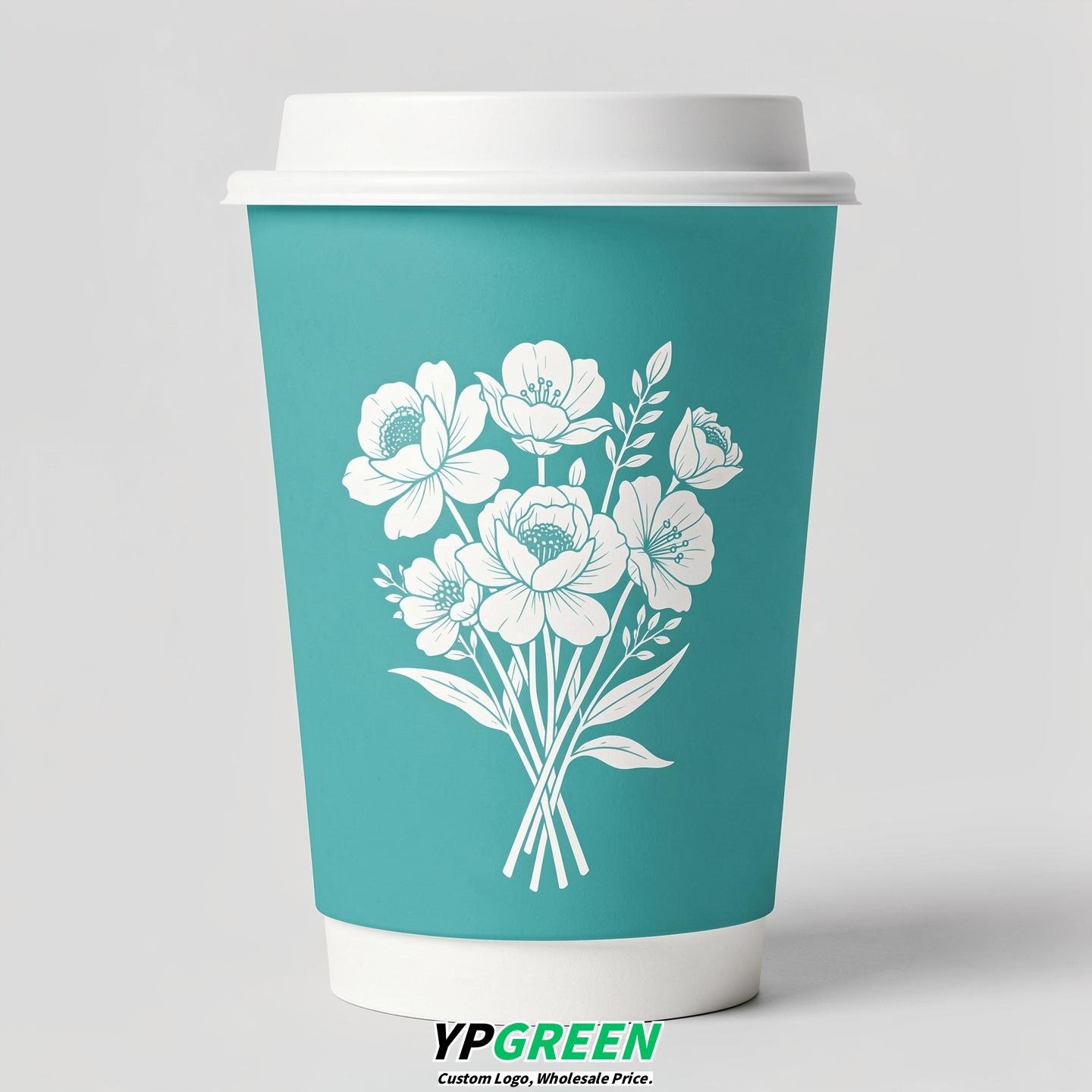 Turquoise Floral Paper Cups with Lids 8-24oz