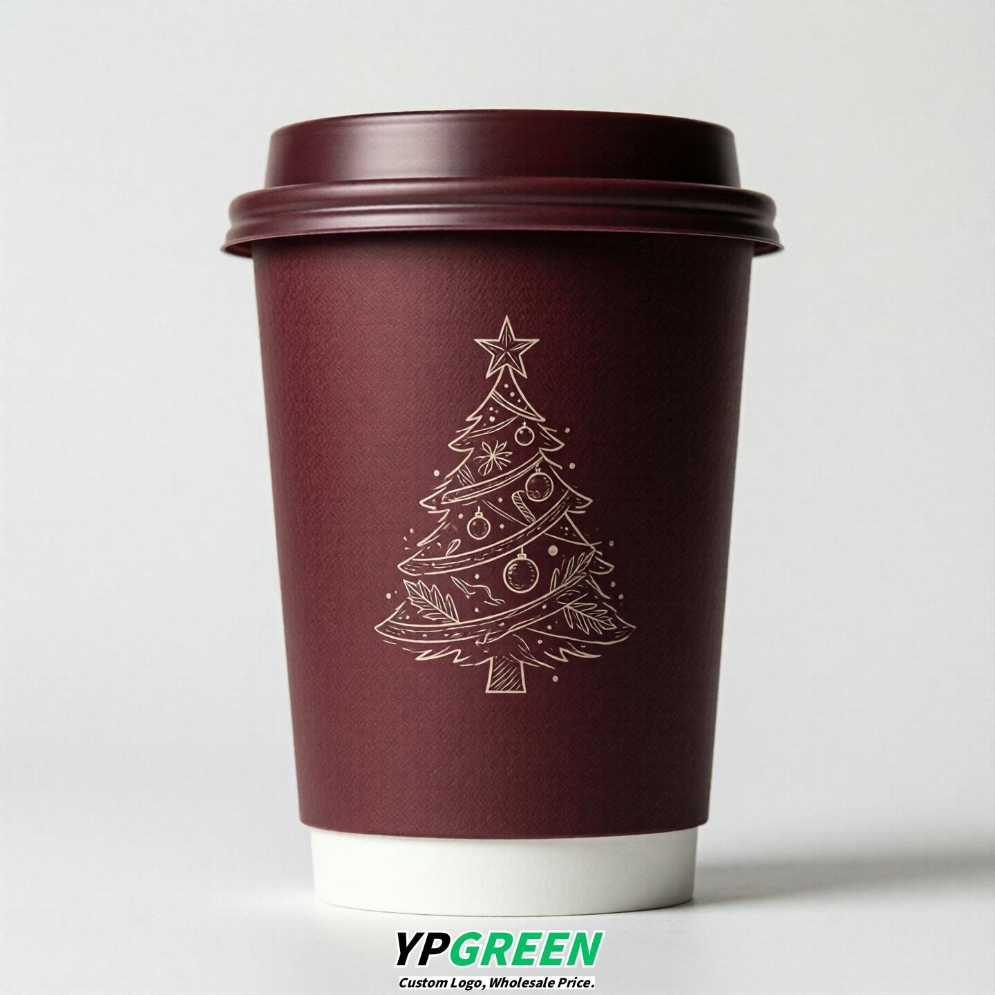 Wine Red Paper Cups with Christmas Design 8-24oz