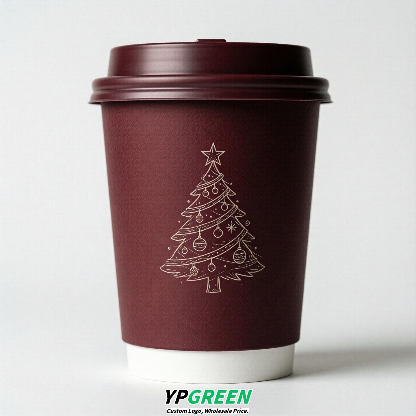 Wine Red Paper Cups with Christmas Design 8-24oz