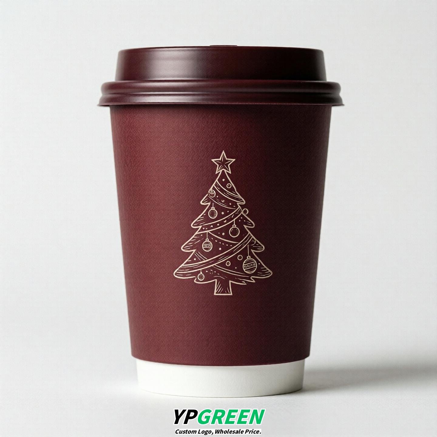 Wine Red Paper Cups with Christmas Design 8-24oz