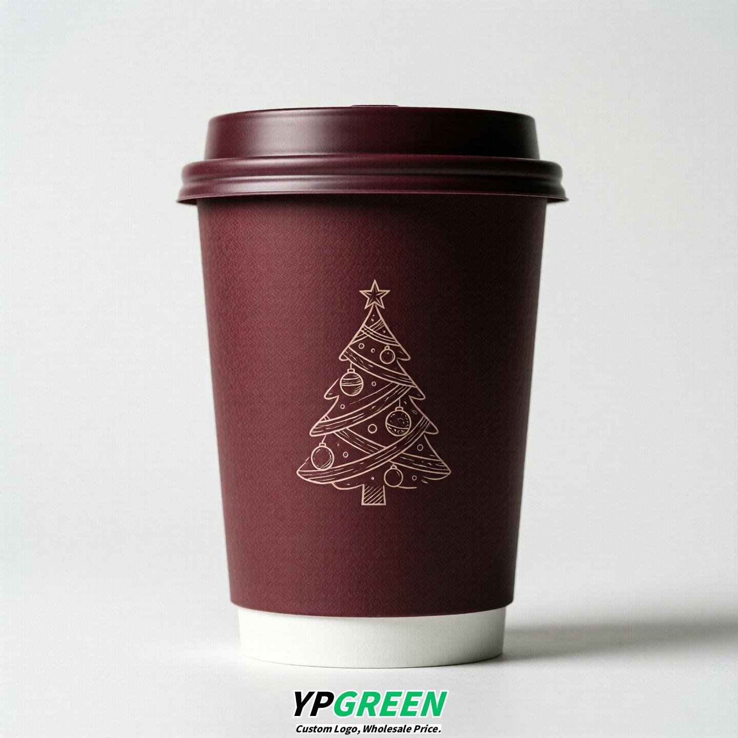 Wine Red Paper Cups with Christmas Design 8-24oz