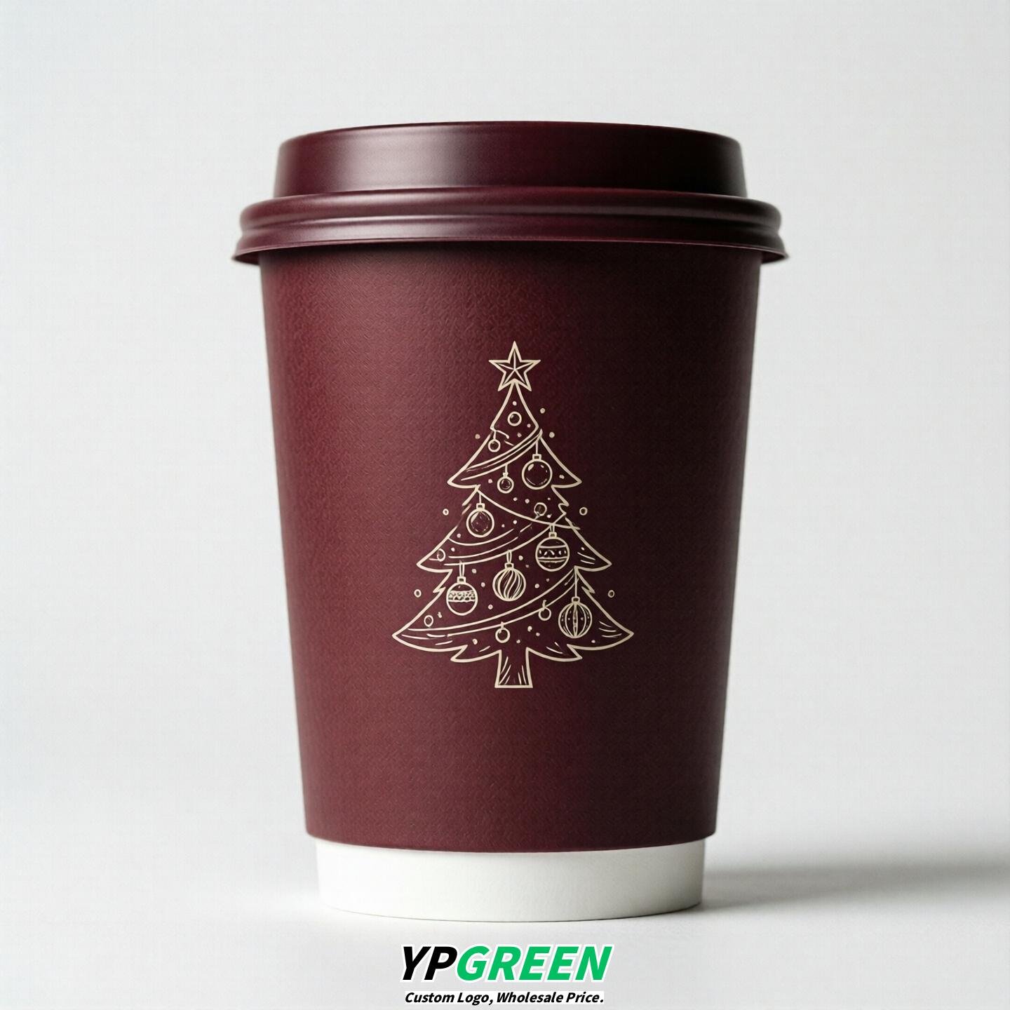 Wine Red Paper Cups with Christmas Design 8-24oz