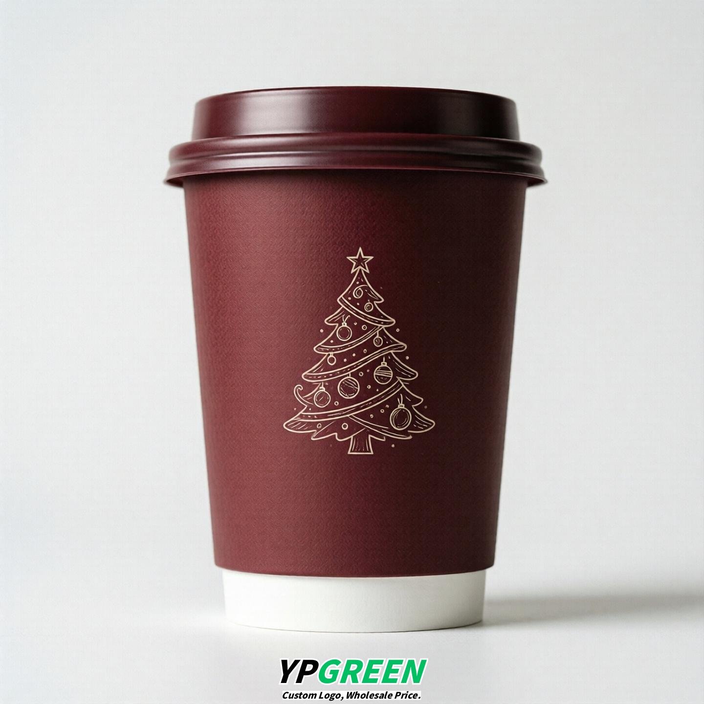 Wine Red Paper Cups with Christmas Design 8-24oz
