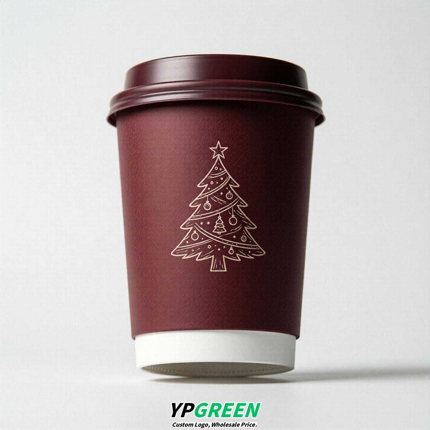 Wine Red Paper Cups with Christmas Design 8-24oz