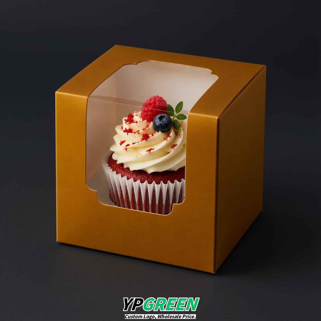 Amber Individual 3.5 inches Square Paper Cupcake Box Containers with Windows & Inserts