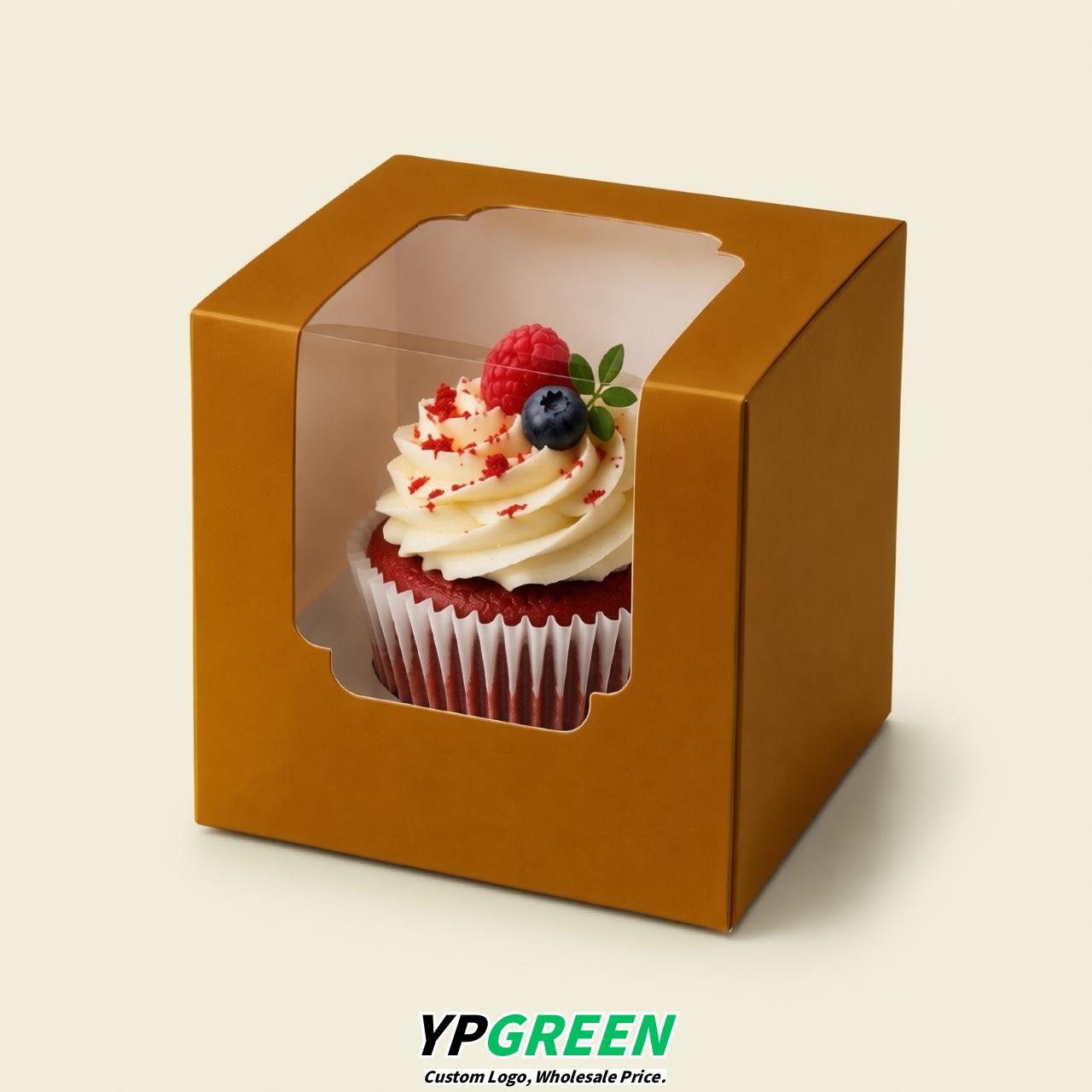 Amber Individual 3.5 inches Square Paper Cupcake Box Containers with Windows & Inserts