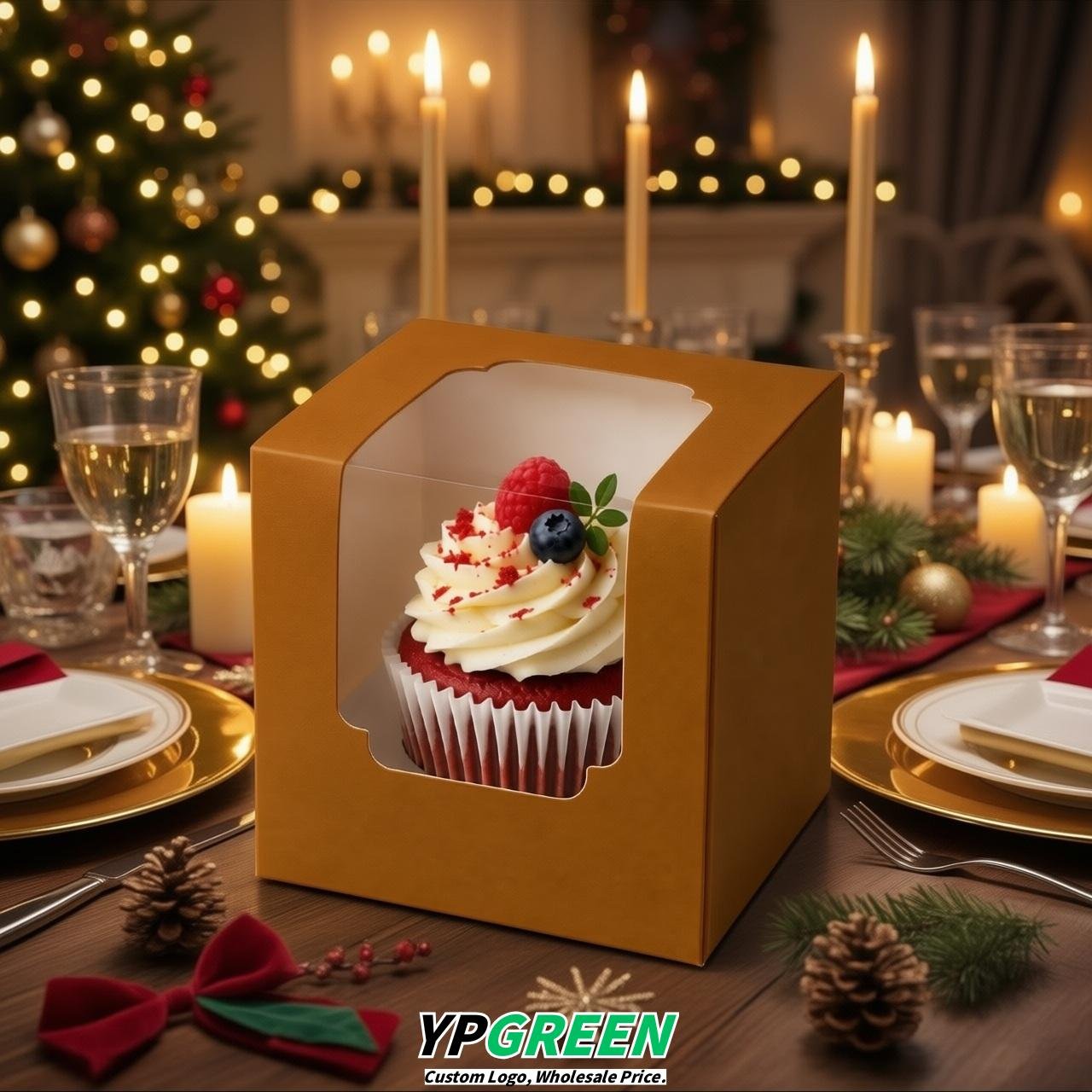 Amber Individual 3.5 inches Square Paper Cupcake Box Containers with Windows & Inserts