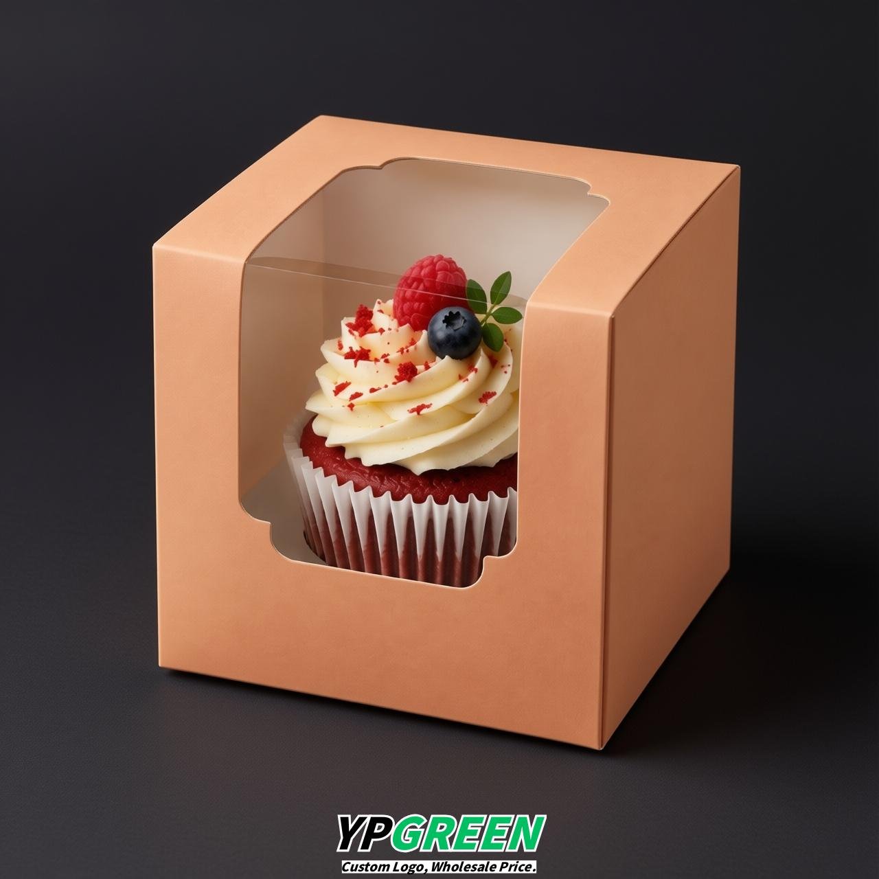 Apricot Individual 3.5 inches Square Paper Cupcake Box Containers with Windows & Inserts