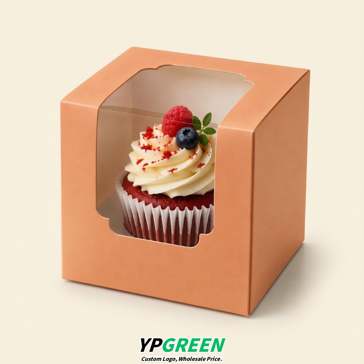 Apricot Individual 3.5 inches Square Paper Cupcake Box Containers with Windows & Inserts