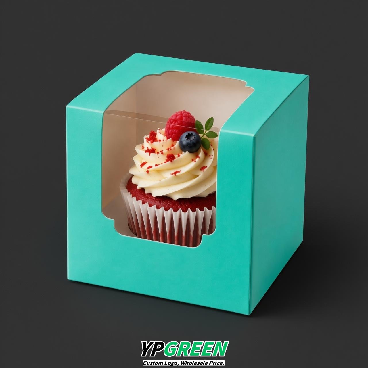 Aquamarine Individual 3.5 inches Square Paper Cupcake Box Containers with Windows & Inserts