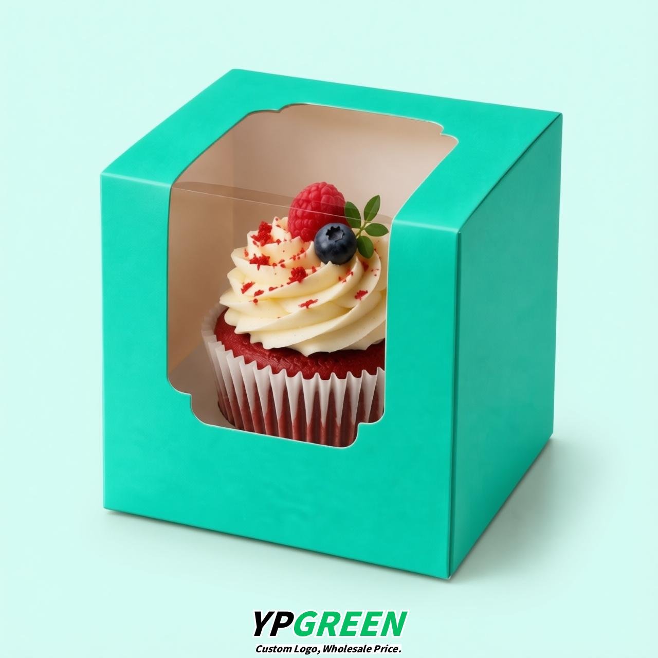 Aquamarine Individual 3.5 inches Square Paper Cupcake Box Containers with Windows & Inserts