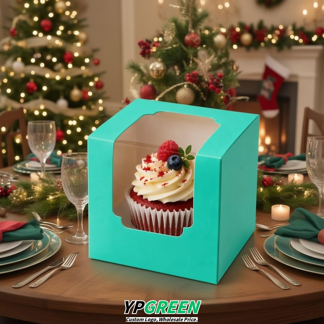 Aquamarine Individual 3.5 inches Square Paper Cupcake Box Containers with Windows & Inserts