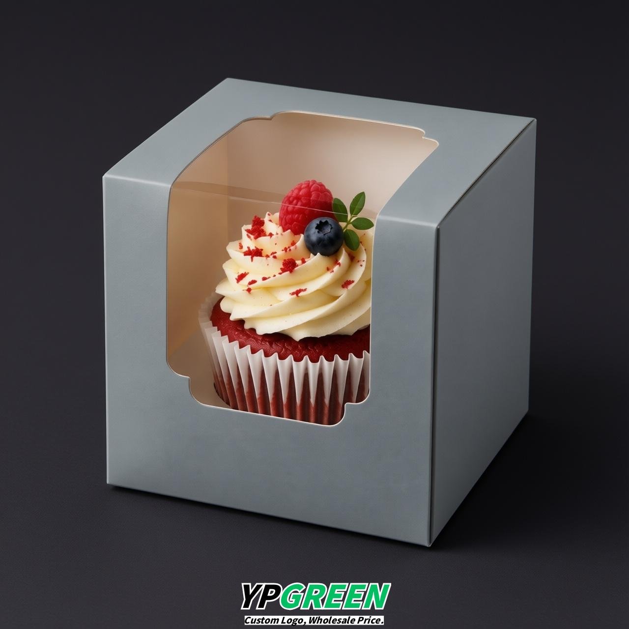 Aurora Gray Individual 3.5 inches Square Paper Cupcake Box Containers with Windows & Inserts