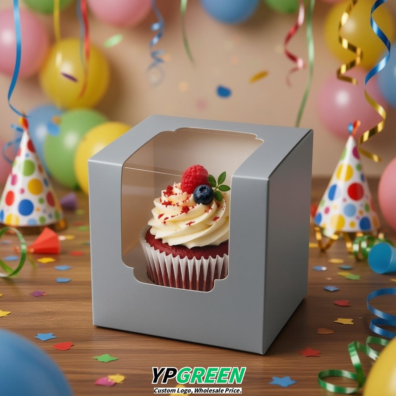 Aurora Gray Individual 3.5 inches Square Paper Cupcake Box Containers with Windows & Inserts