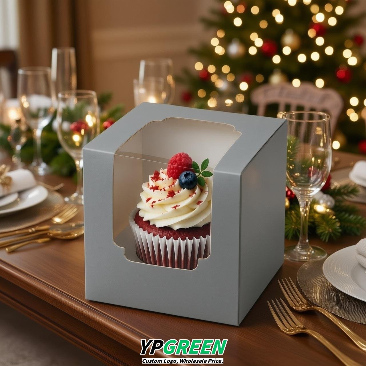 Aurora Gray Individual 3.5 inches Square Paper Cupcake Box Containers with Windows & Inserts