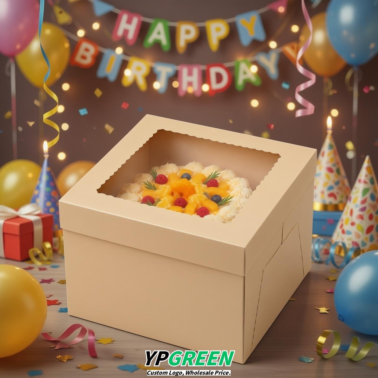 Beige 10 & 12 inches Cake Box with Window - Square Cardboard Cake Box