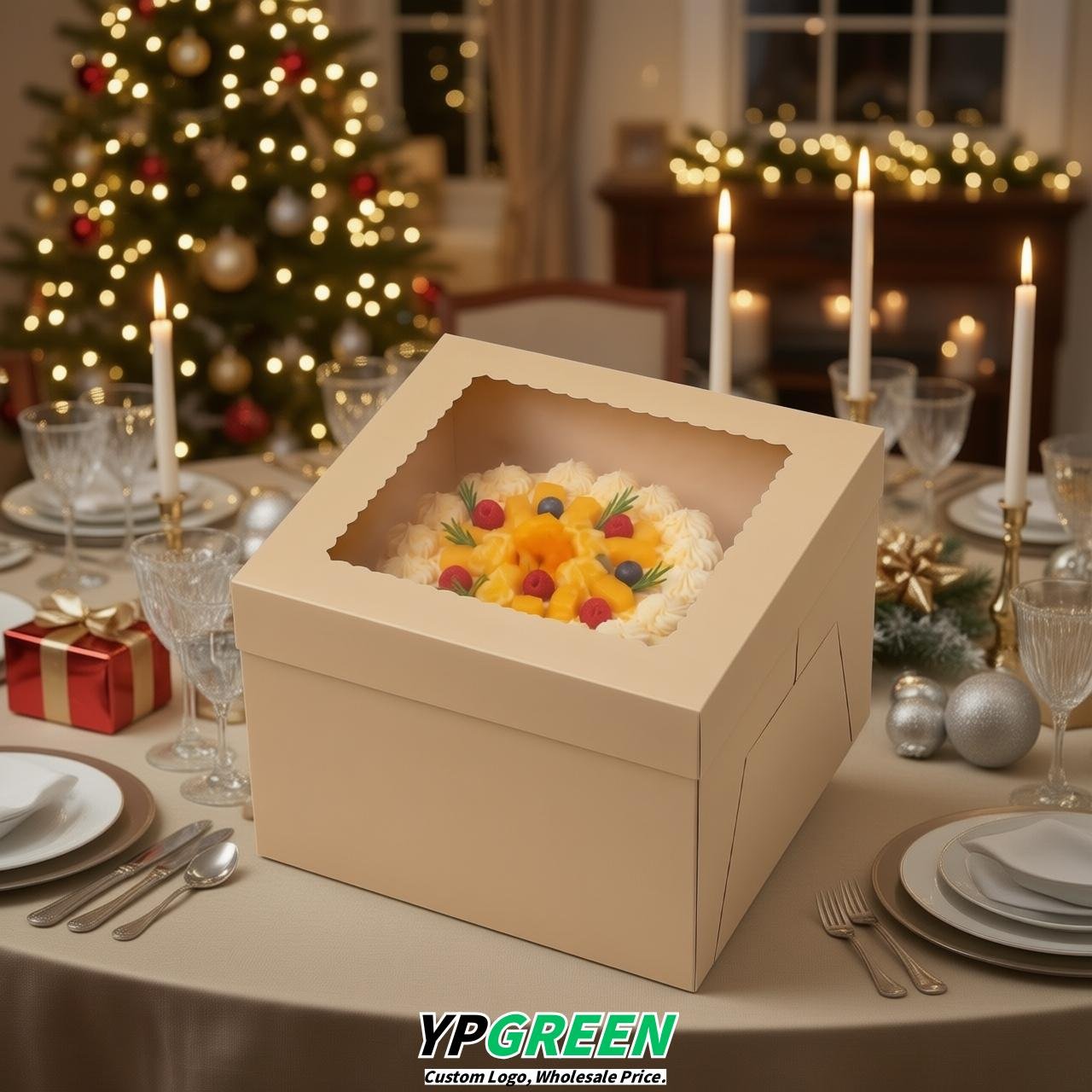 Beige 10 & 12 inches Cake Box with Window - Square Cardboard Cake Box