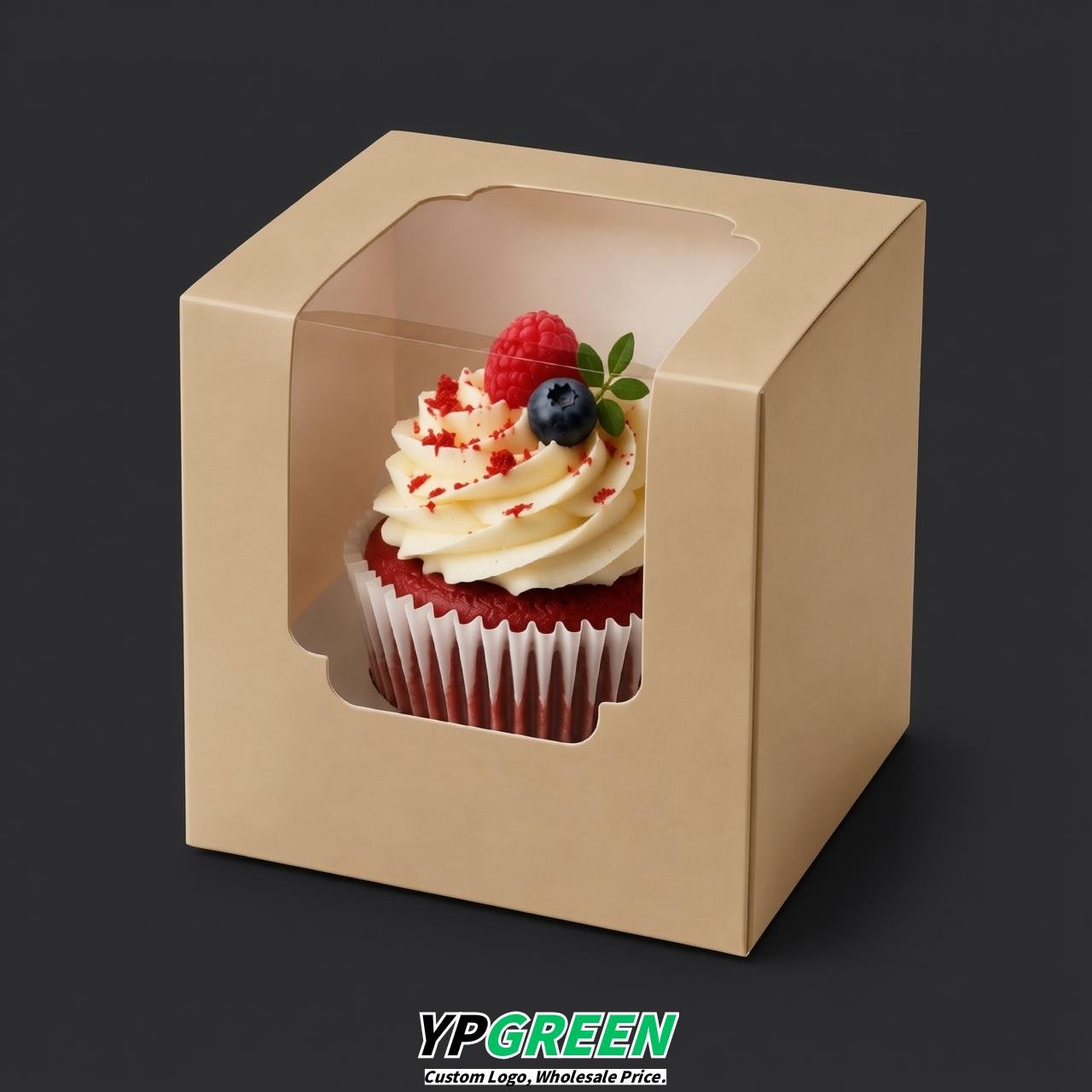 Beige Individual 3.5 inches Square Paper Cupcake Box Containers with Windows & Inserts