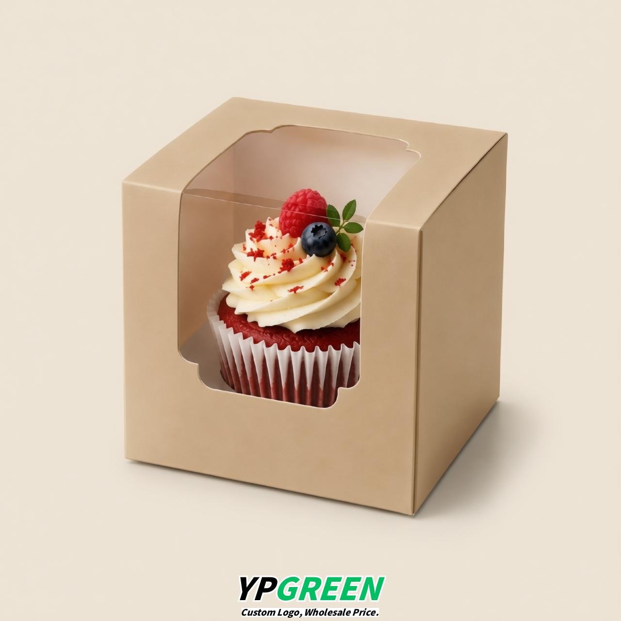 Beige Individual 3.5 inches Square Paper Cupcake Box Containers with Windows & Inserts