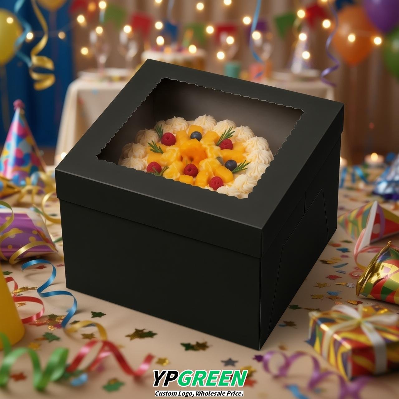 Black 10 & 12 inches Tall Cake Box with Window - Square Cardboard Cake Box