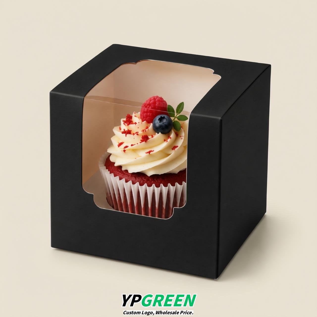 Black Individual 3.5 inches Square Paper Cupcake Box Containers with Windows & Inserts