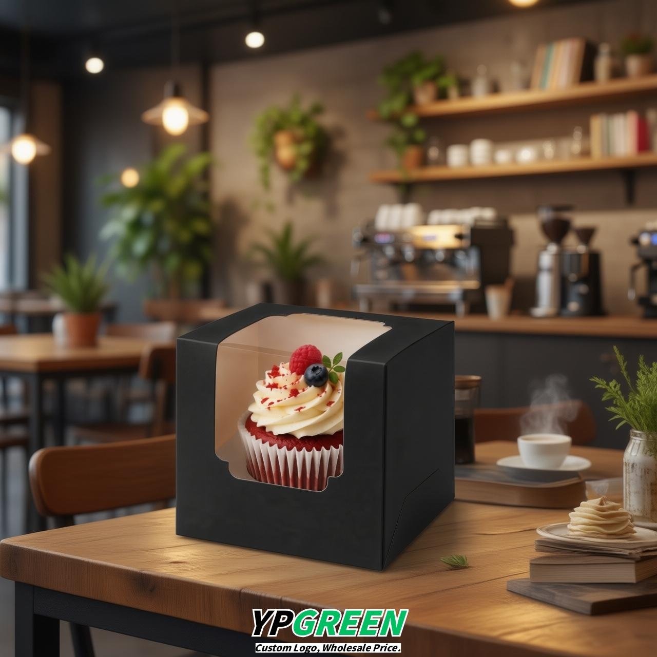 Black Individual 3.5 inches Square Paper Cupcake Box Containers with Windows & Inserts