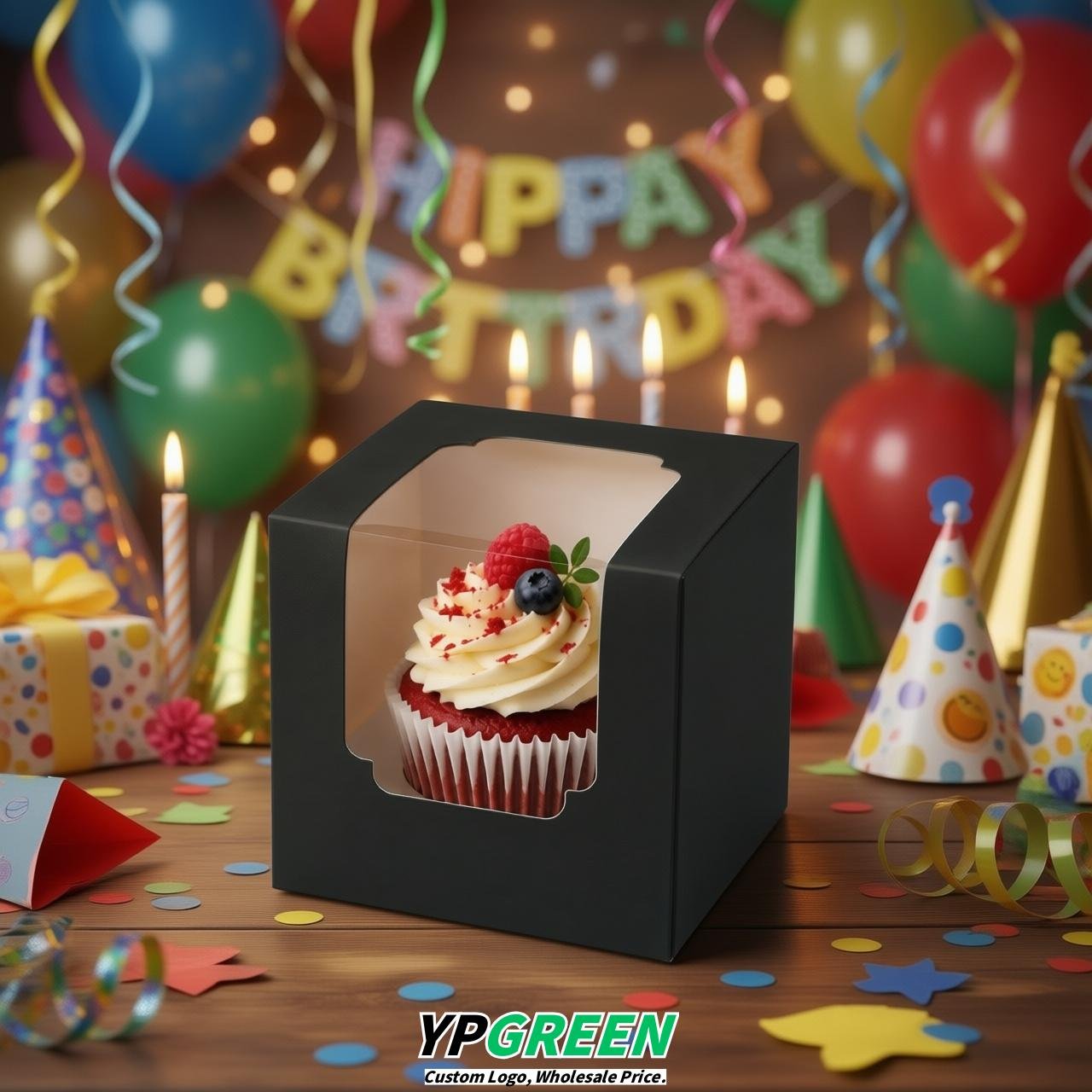 Black Individual 3.5 inches Square Paper Cupcake Box Containers with Windows & Inserts