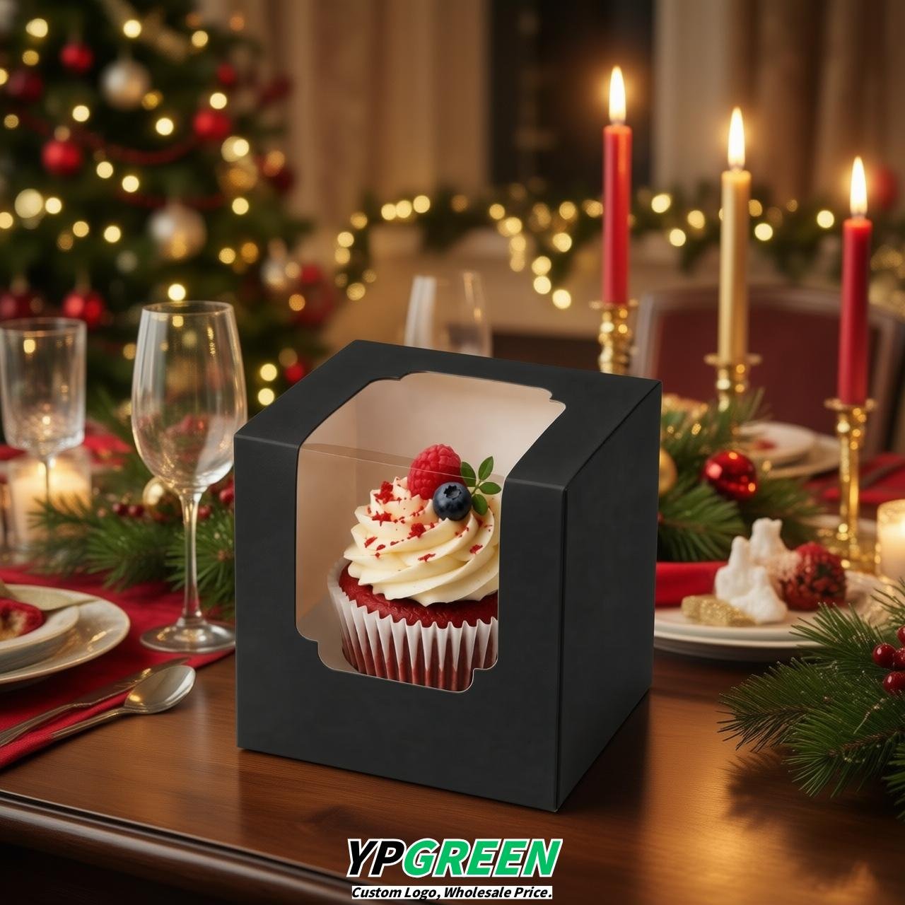 Black Individual 3.5 inches Square Paper Cupcake Box Containers with Windows & Inserts