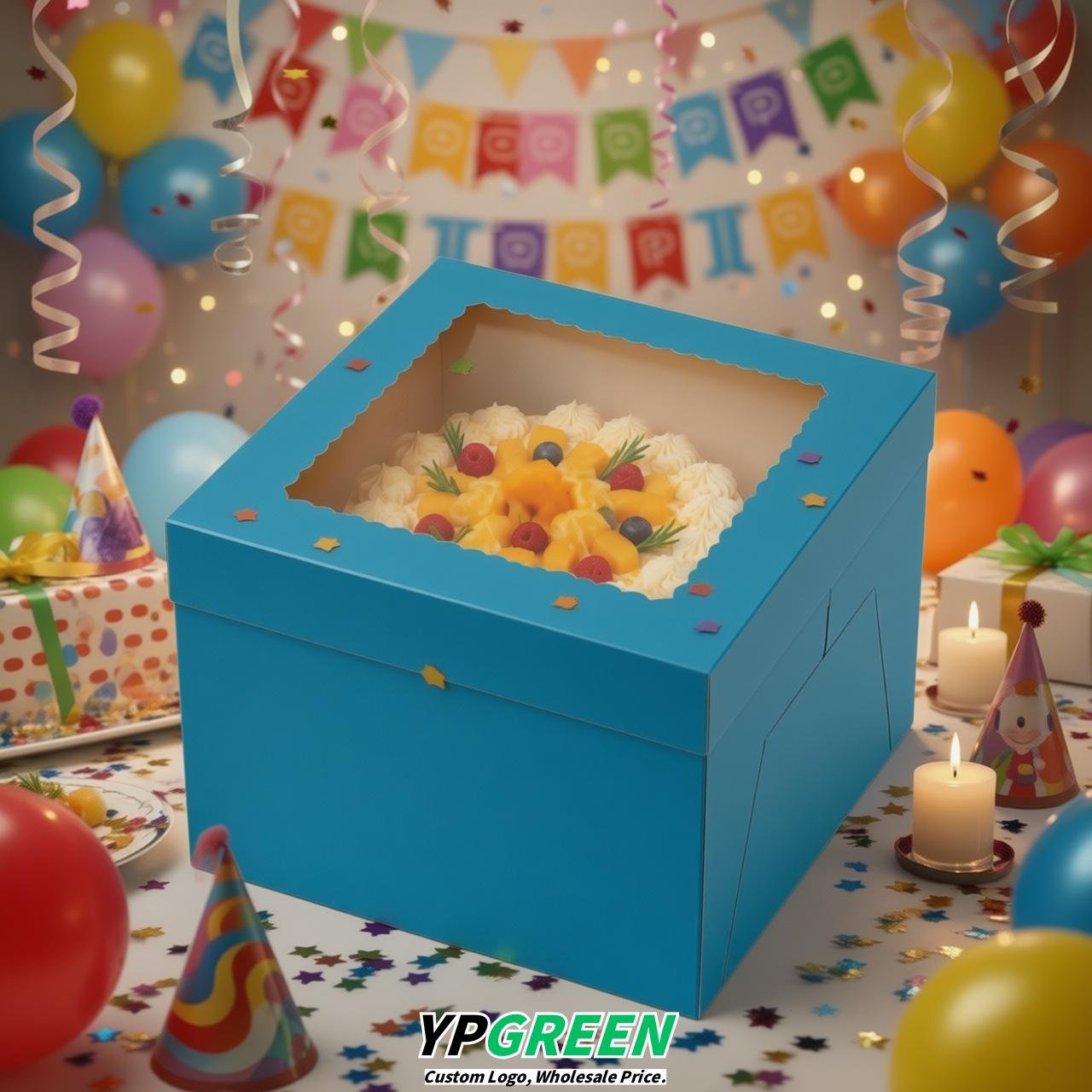 Blue 10 & 12 inches Cake Box with Window - Square Cardboard Cake Box