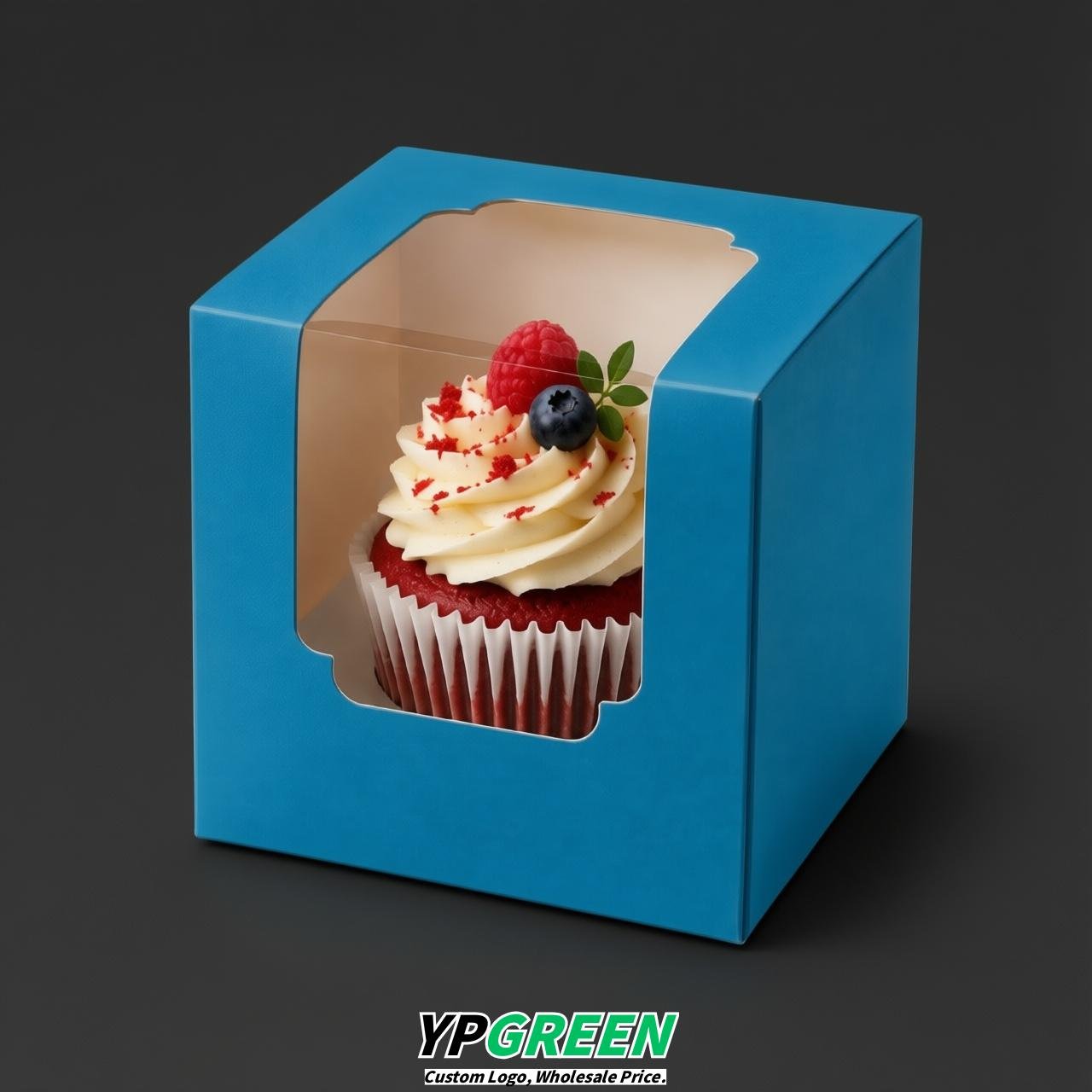 Blue Individual 3.5 inches Square Paper Cupcake Box Containers with Windows & Inserts