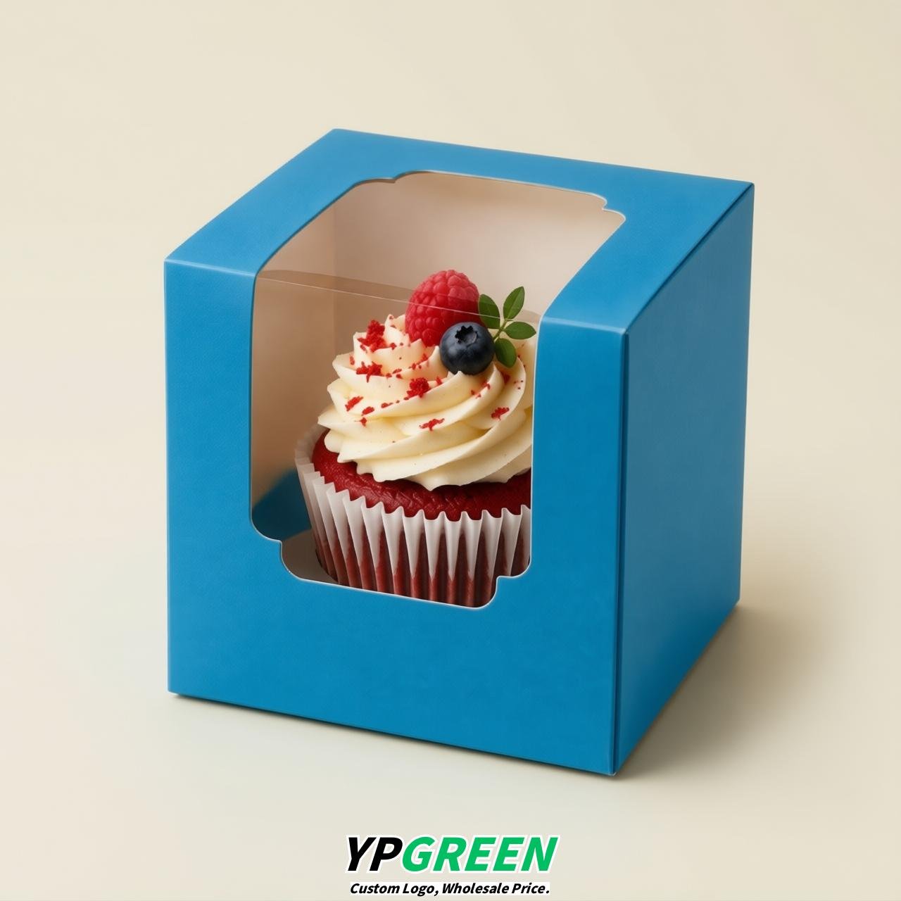 Blue Individual 3.5 inches Square Paper Cupcake Box Containers with Windows & Inserts