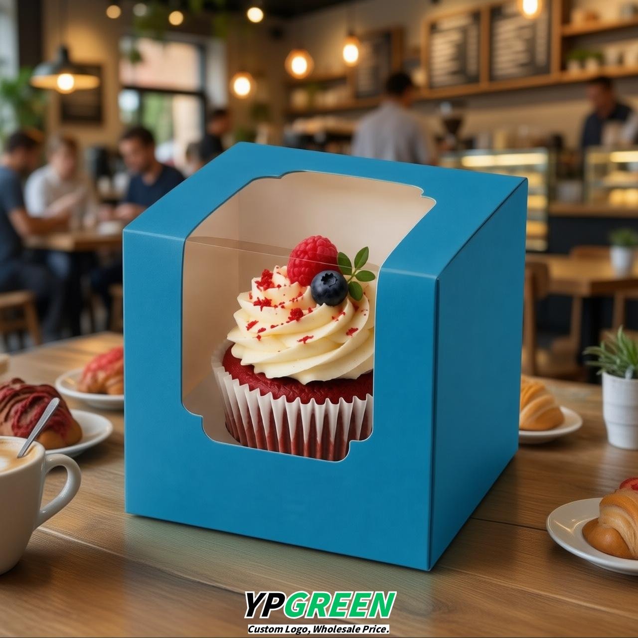 Blue Individual 3.5 inches Square Paper Cupcake Box Containers with Windows & Inserts