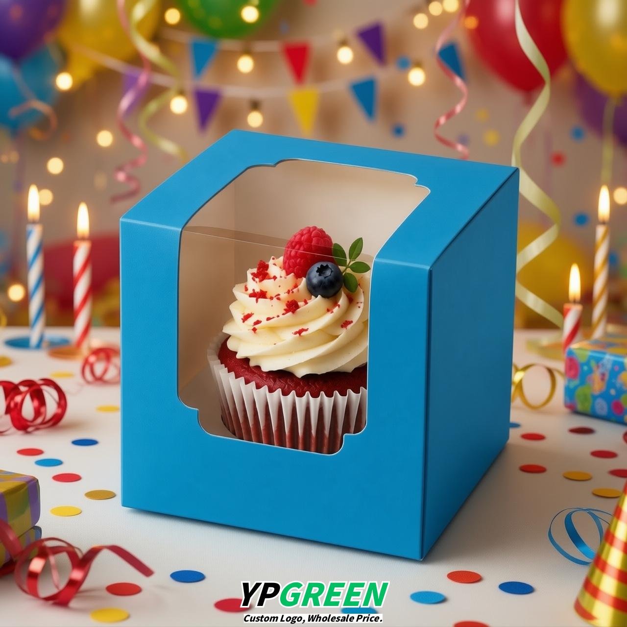 Blue Individual 3.5 inches Square Paper Cupcake Box Containers with Windows & Inserts