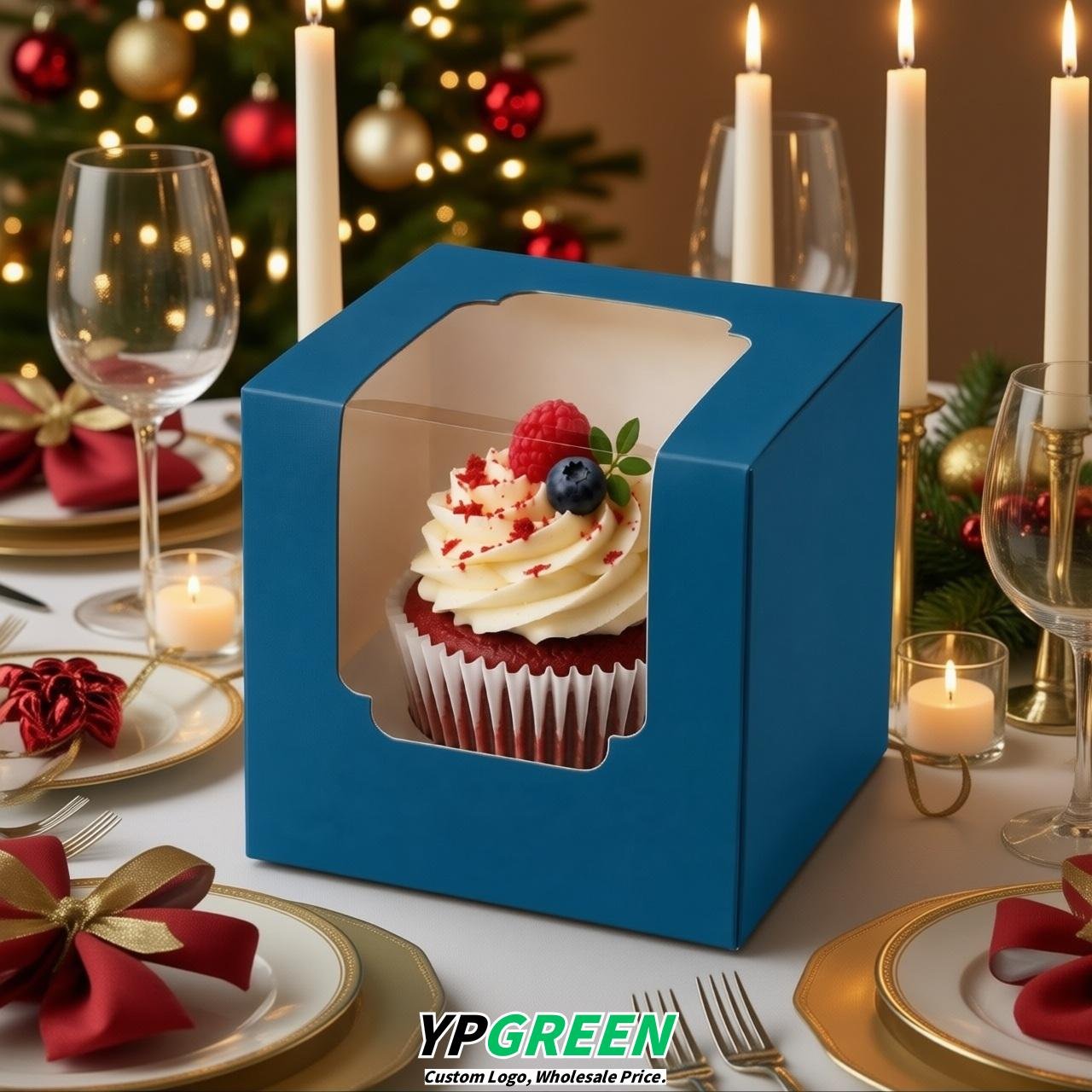 Blue Individual 3.5 inches Square Paper Cupcake Box Containers with Windows & Inserts