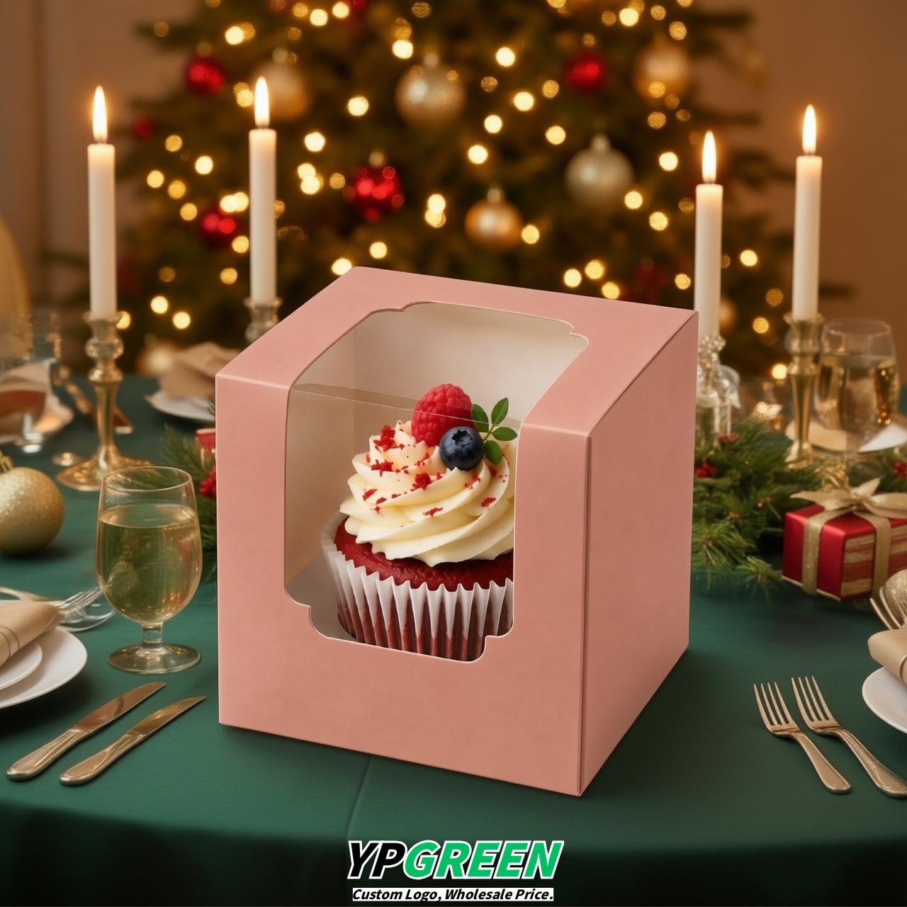 Blush Individual 3.5 inches Square Paper Cupcake Box Containers with Windows & Inserts